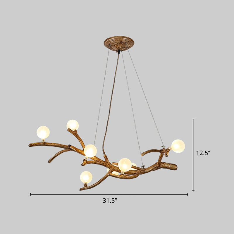 Modern Metal Tree Branch Island Lighting Fixture With Art Deco Wood Suspension And Acrylic Ball