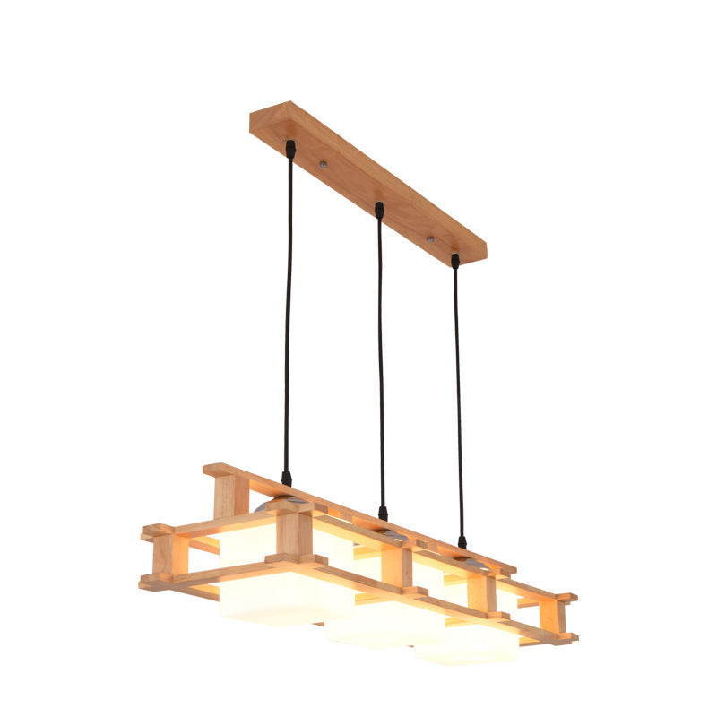 Modern Cream Glass Cube Pendant Light With 3 Wooden Heads