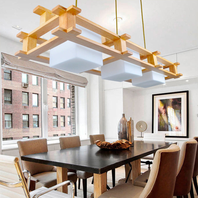 Modern Cream Glass Cube Pendant Light With 3 Wooden Heads