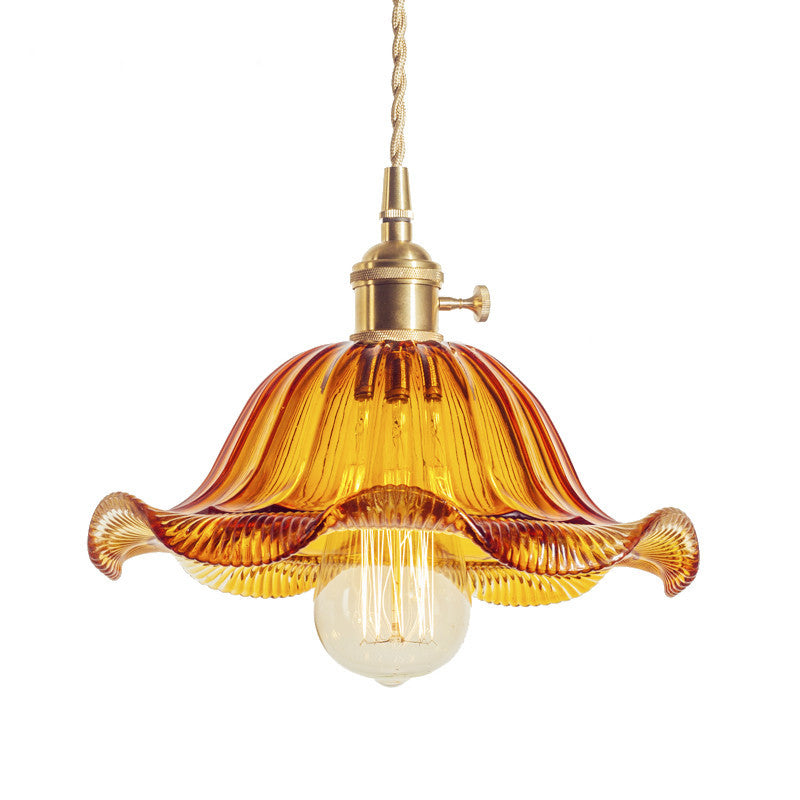 Rustic Glass Ceiling Pendant Lamp With Vintage Ruffled Design And Rotary Switch Amber