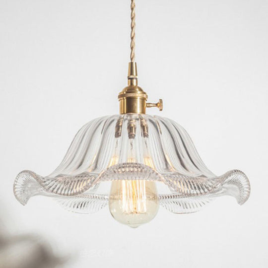 Retro Ruffled Hanging Light: Carved Glass Pendant Lamp with Rotary Switch