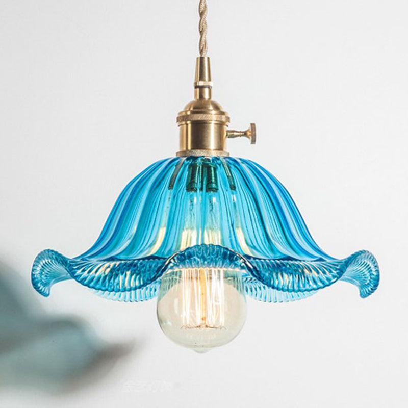 Rustic Glass Ceiling Pendant Lamp With Vintage Ruffled Design And Rotary Switch Blue