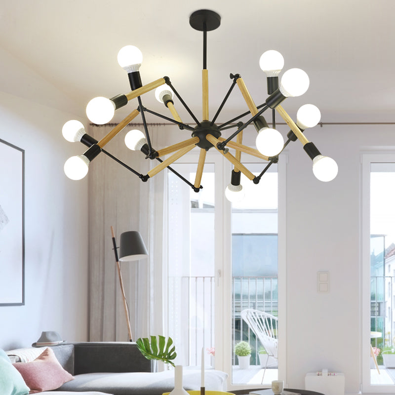 Modern Black Metal Spider Chandelier With Wooden Accents - Loft Style Ceiling Hang Light For Living