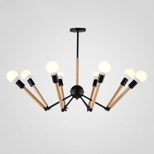 Modern Black Metal Spider Chandelier With Wooden Accents - Loft Style Ceiling Hang Light For Living