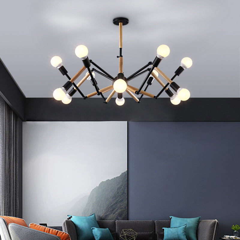 Modern Black Metal Spider Chandelier With Wooden Accents - Loft Style Ceiling Hang Light For Living