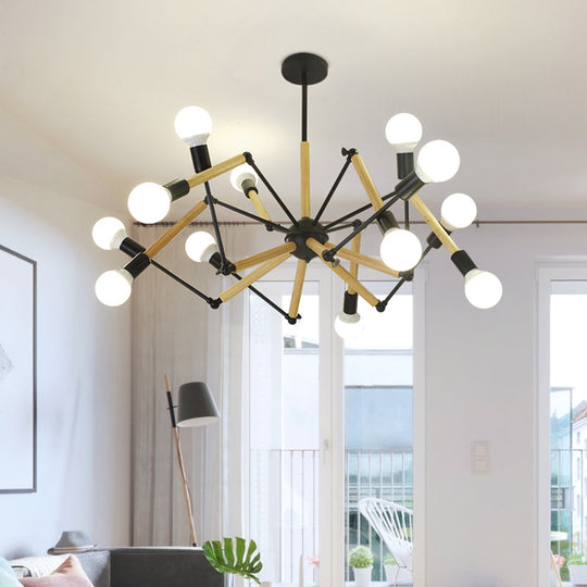 Modern Black Metal Spider Chandelier With Wooden Accents - Loft Style Ceiling Hang Light For Living