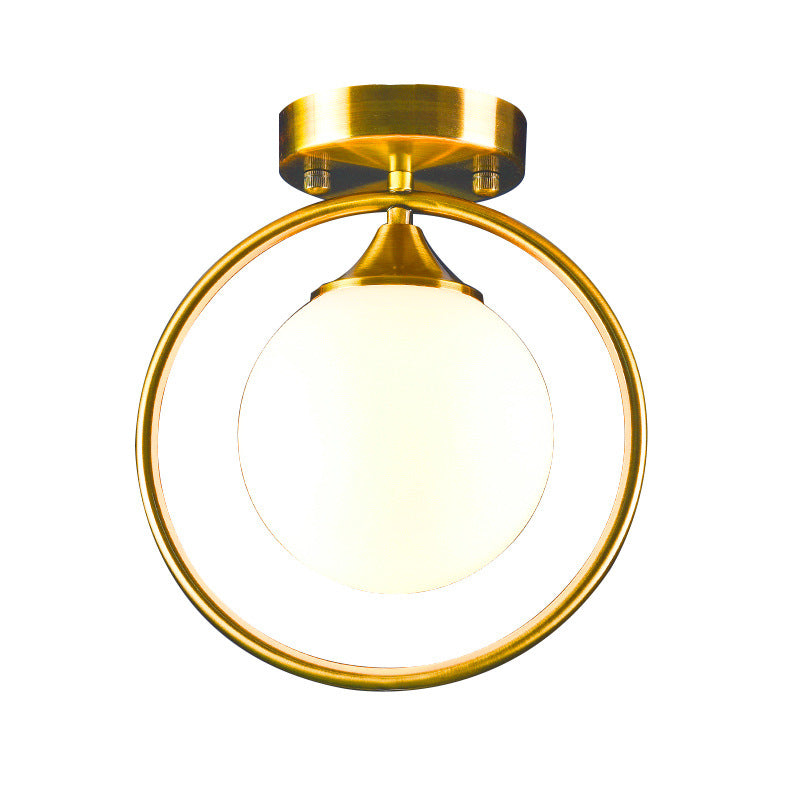 Postmodern Glass Ball Ceiling Light With Brass Metal Ring - 1-Light Semi-Flush Mount For Corridors