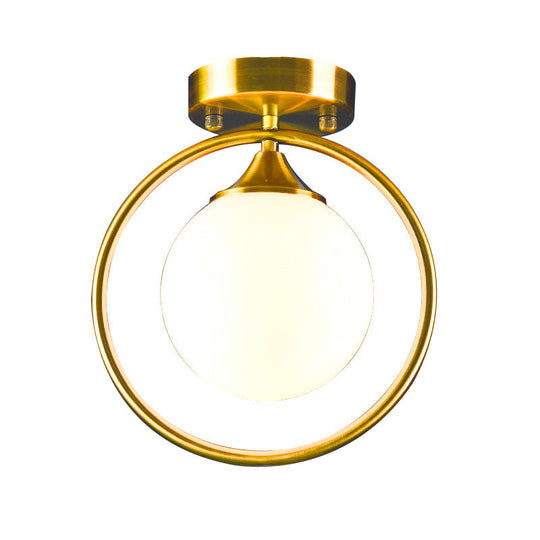 Postmodern Glass Ball Ceiling Light With Brass Metal Ring - 1-Light Semi-Flush Mount For Corridors