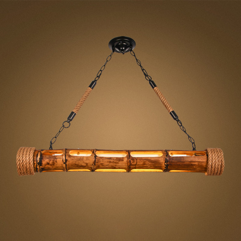 Bamboo Pole Led Suspension Light - Lodge Style Dining Room Island Lamp In Wood