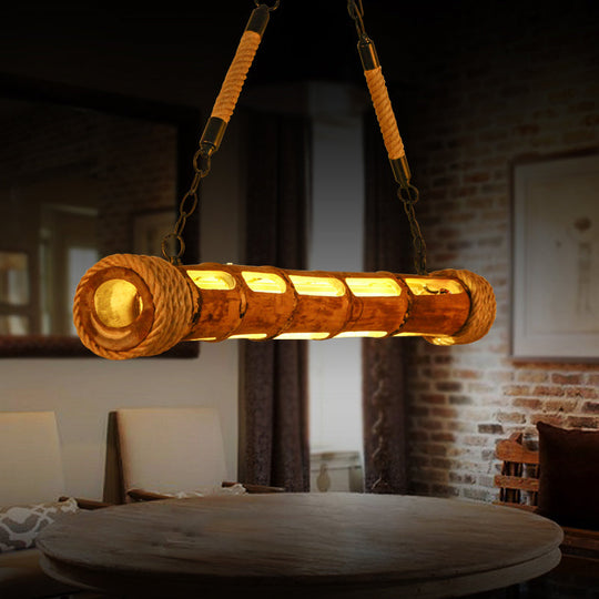 Bamboo Pole Led Suspension Light - Lodge Style Dining Room Island Lamp In Wood