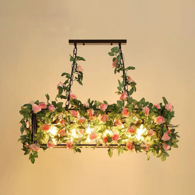 Industrial Cage Island Pendant Light With Plant Decoration - Rustic Restaurant Lighting 6 / Pink