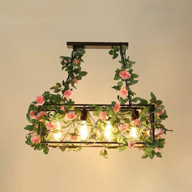 Industrial Cage Island Pendant Light With Plant Decoration - Rustic Restaurant Lighting 4 / Pink