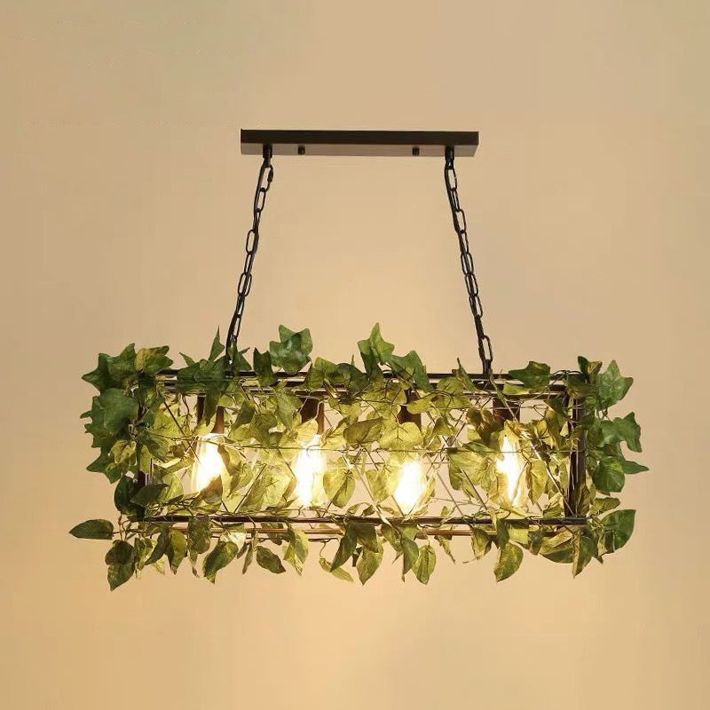 Industrial Cage Island Pendant Light With Plant Decoration - Rustic Restaurant Lighting 4 / Green