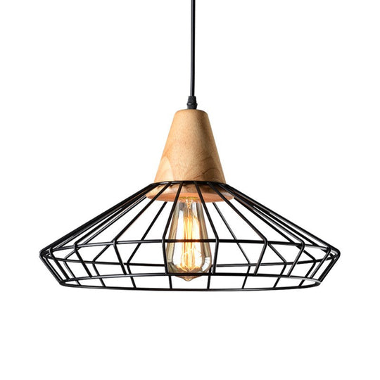 Rustic Black Metal Pendant Light with Wooden Socket - Commercial Grade 1-Light Caged Hanging Fixture