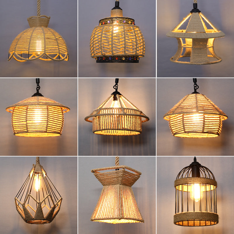 Rustic Wood And Rope Hanging Pendant Light For Restaurants With Single Cage Shade / Birdcage