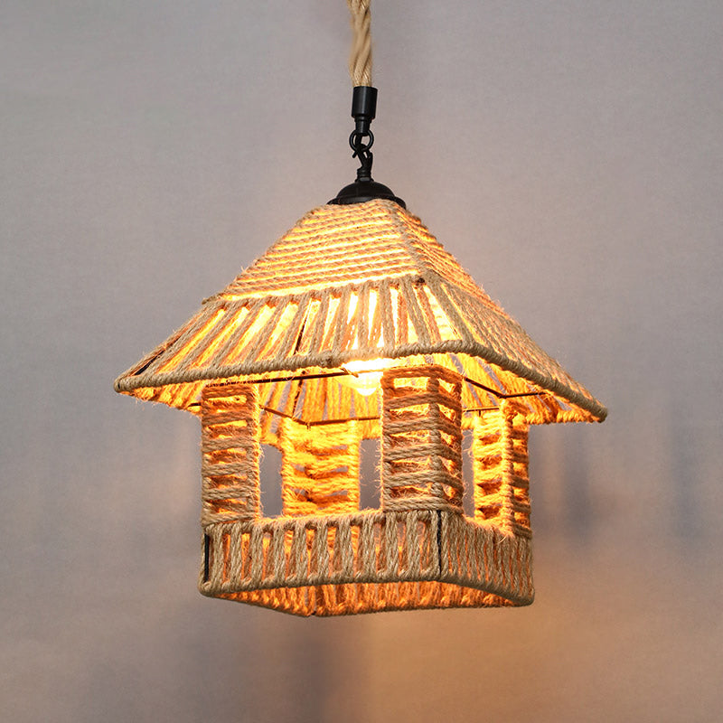 Rustic Wood And Rope Hanging Pendant Light For Restaurants With Single Cage Shade / House