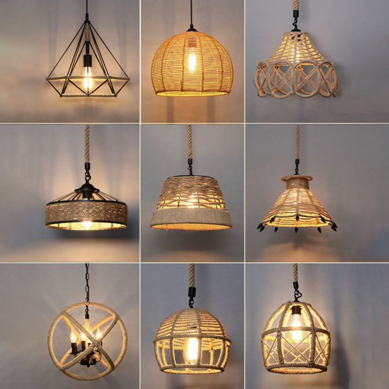 Country Style Wood Rope Pendant Light for Restaurants - Single Cage Shade Suspension