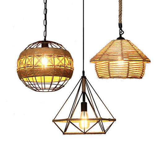 Rustic Wood And Rope Hanging Pendant Light For Restaurants With Single Cage Shade / Diamond