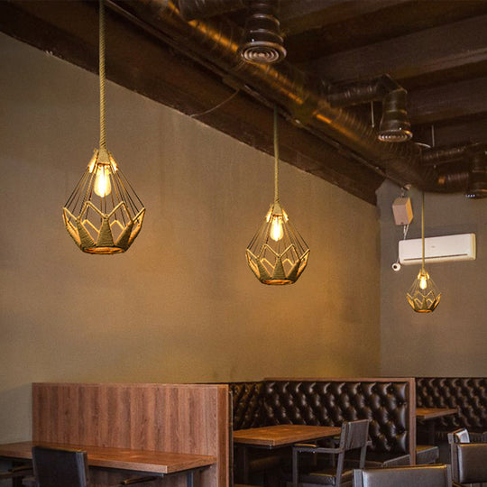 Rustic Wood And Rope Hanging Pendant Light For Restaurants With Single Cage Shade / Crown