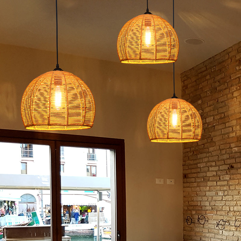 Rustic Wood And Rope Hanging Pendant Light For Restaurants With Single Cage Shade / Semicircle