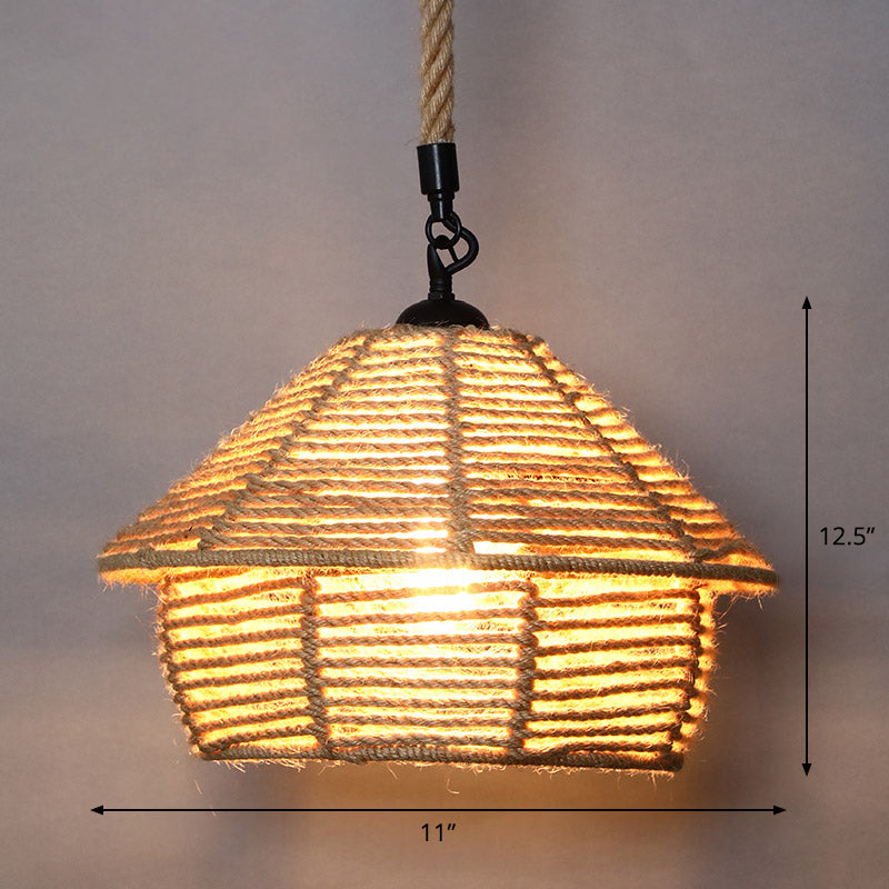 Rustic Wood And Rope Hanging Pendant Light For Restaurants With Single Cage Shade