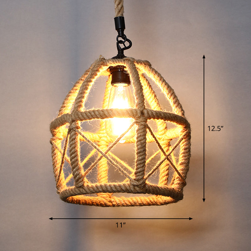 Country Style Wood Rope Pendant Light for Restaurants - Single Cage Shade Suspension