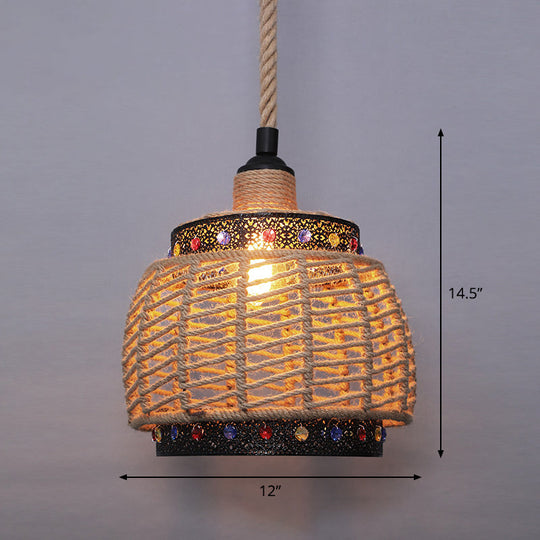 Rustic Wood And Rope Hanging Pendant Light For Restaurants With Single Cage Shade