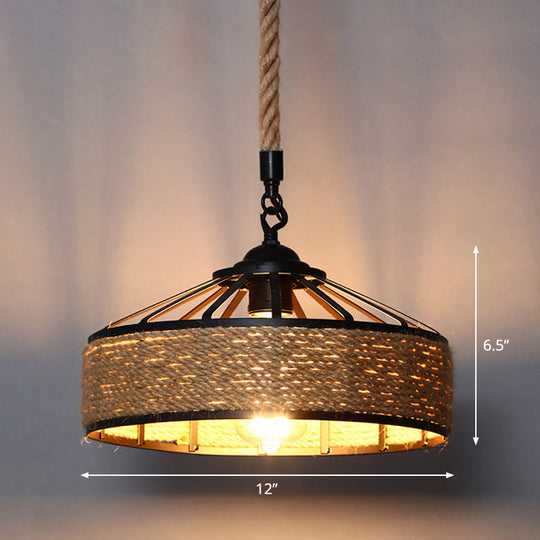 Rustic Wood And Rope Hanging Pendant Light For Restaurants With Single Cage Shade