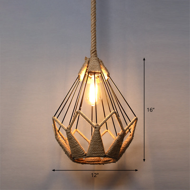 Country Style Wood Rope Pendant Light for Restaurants - Single Cage Shade Suspension