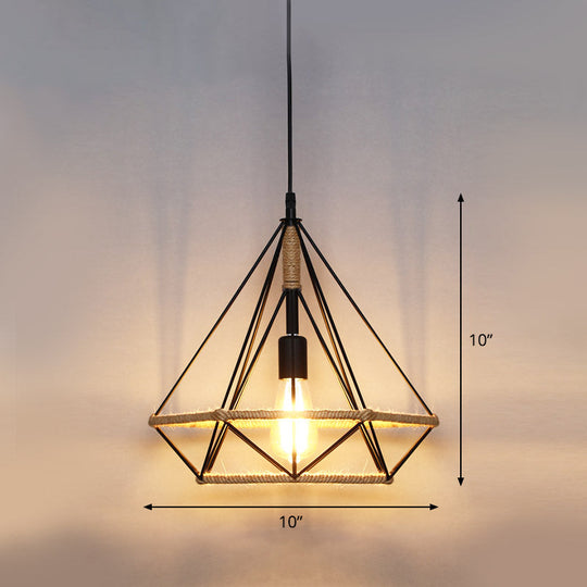 Country Style Wood Rope Pendant Light for Restaurants - Single Cage Shade Suspension