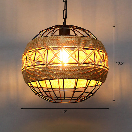 Country Style Wood Rope Pendant Light for Restaurants - Single Cage Shade Suspension