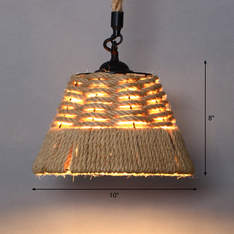 Country Style Wood Rope Pendant Light for Restaurants - Single Cage Shade Suspension