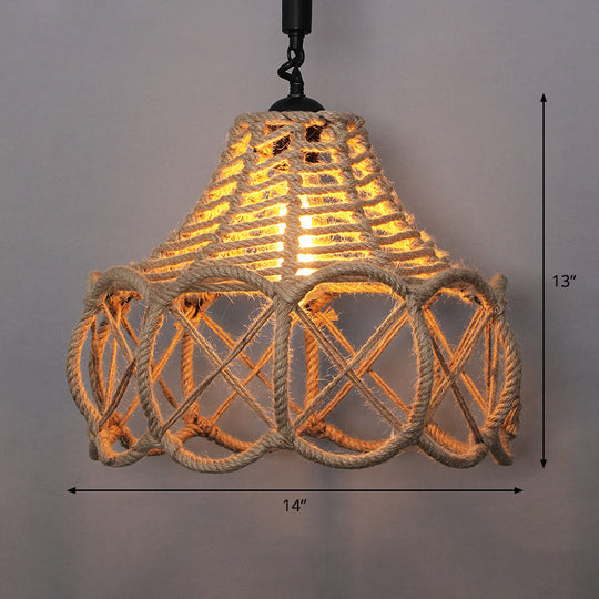 Rustic Wood And Rope Hanging Pendant Light For Restaurants With Single Cage Shade