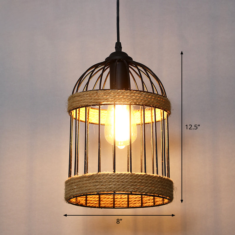 Rustic Wood And Rope Hanging Pendant Light For Restaurants With Single Cage Shade