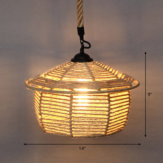 Country Style Wood Rope Pendant Light for Restaurants - Single Cage Shade Suspension