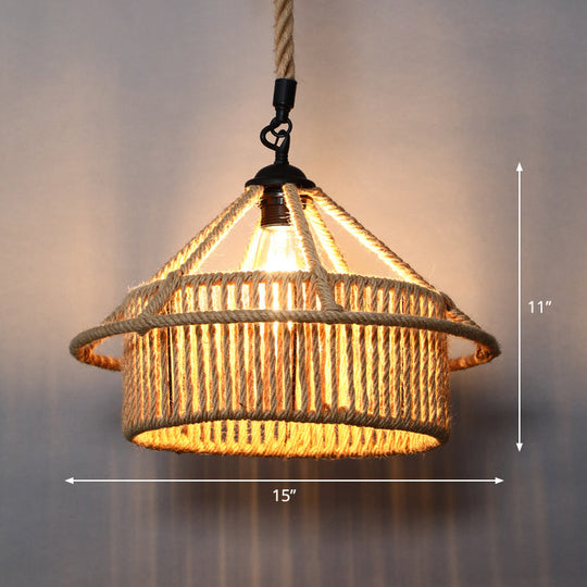 Rustic Wood And Rope Hanging Pendant Light For Restaurants With Single Cage Shade