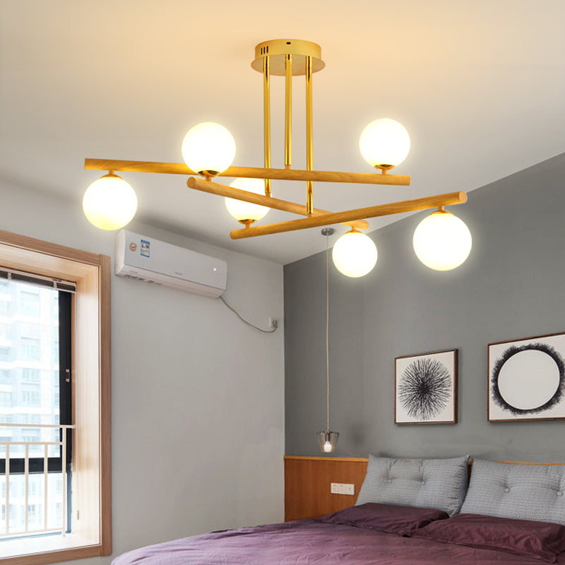 Modern Wood And Glass Sphere Chandelier - Minimalist Hanging Light For Bedroom