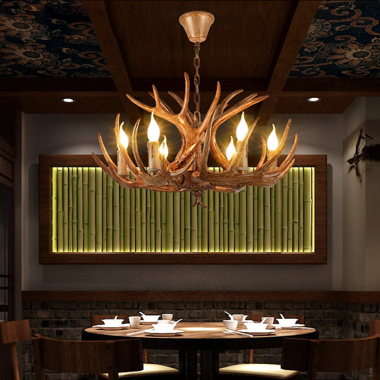 Antler Deco Resin Candle Chandelier: Country Style Suspension Light For Restaurant Ambience