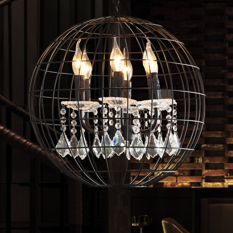 Rustic Spherical Wire Cage Iron Pendant Chandelier with Crystal Drops in Black- Perfect for Restaurants