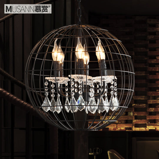 Modern Black Iron Pendant Chandelier With Spherical Wire Cage Crystal Drops Perfect For Rustic