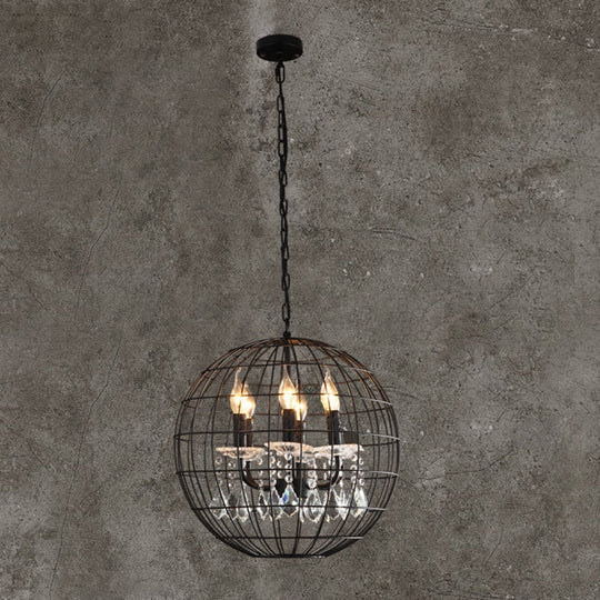 Rustic Spherical Wire Cage Iron Pendant Chandelier with Crystal Drops in Black- Perfect for Restaurants