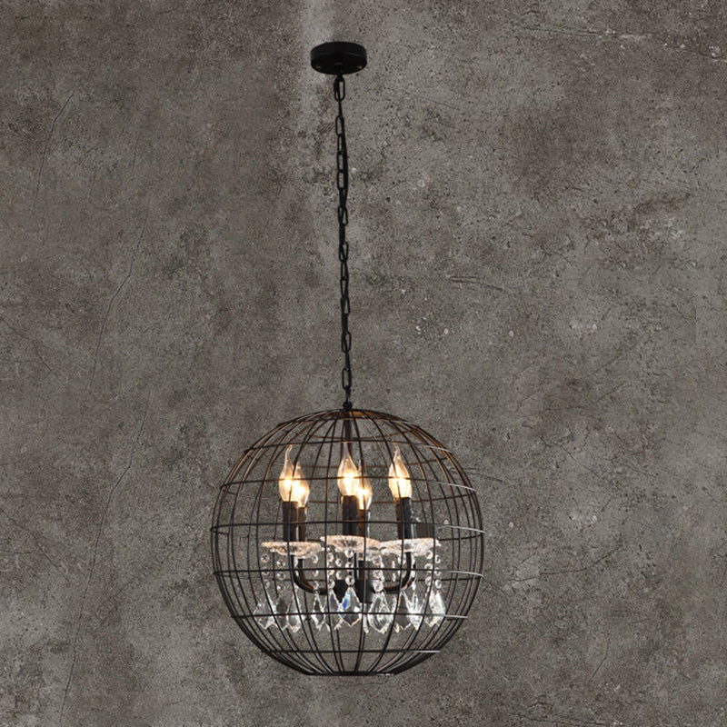 Modern Black Iron Pendant Chandelier With Spherical Wire Cage Crystal Drops Perfect For Rustic