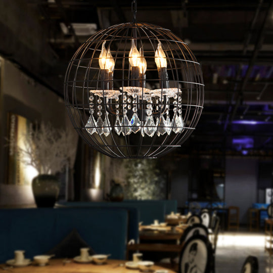 Rustic Spherical Wire Cage Iron Pendant Chandelier with Crystal Drops in Black- Perfect for Restaurants