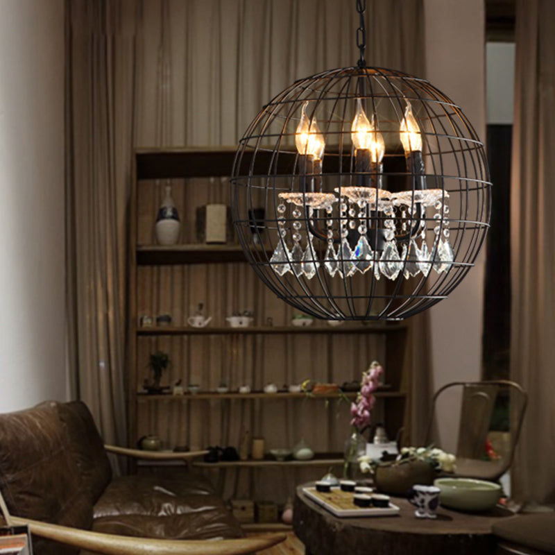 Rustic Spherical Wire Cage Iron Pendant Chandelier with Crystal Drops in Black- Perfect for Restaurants