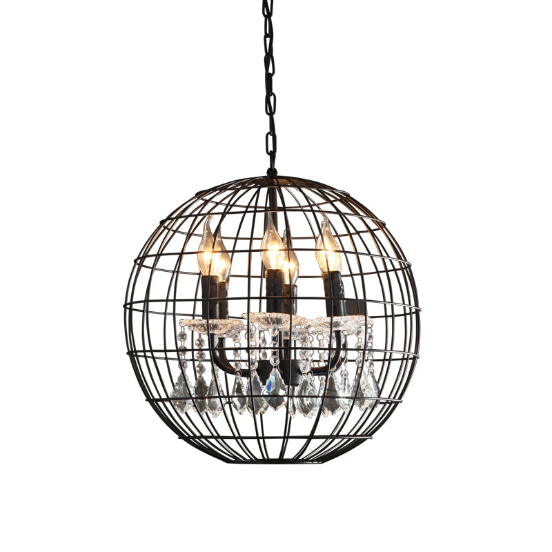 Rustic Spherical Wire Cage Iron Pendant Chandelier with Crystal Drops in Black- Perfect for Restaurants