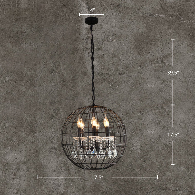 Rustic Spherical Wire Cage Iron Pendant Chandelier with Crystal Drops in Black- Perfect for Restaurants