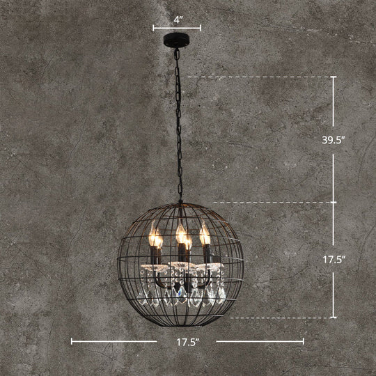 Modern Black Iron Pendant Chandelier With Spherical Wire Cage Crystal Drops Perfect For Rustic