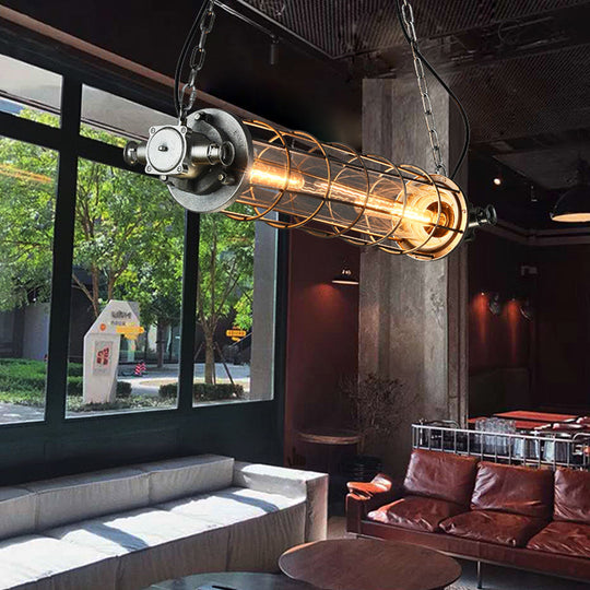 Industrial Silver Metal Pendant Light With Led Clear Glass Shade - Cylindrical Wire Cage Design