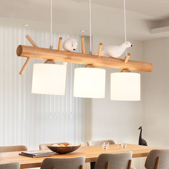 Nordic Wood Pendant Light With Opal Glass Cylinder And Resin Bird Decor