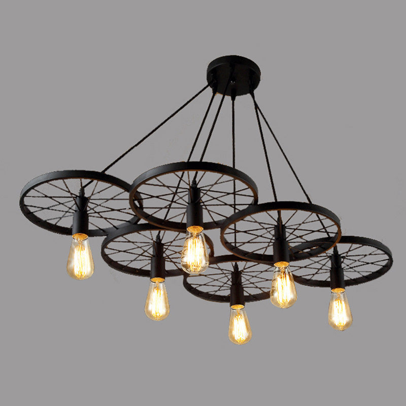 Industrial Black Metal Wagon Wheel Pendant Lamp For Restaurants 6 /